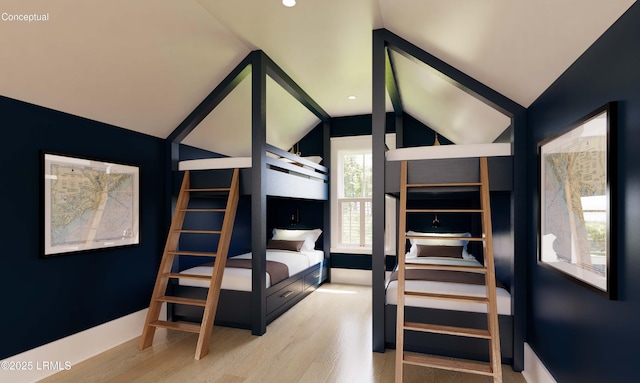 bedroom with recessed lighting, baseboards, lofted ceiling, and wood finished floors