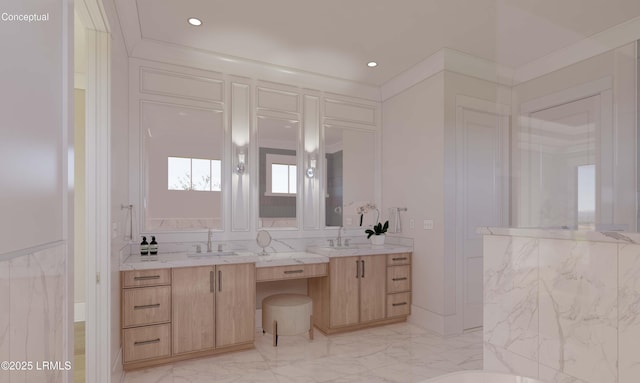 bathroom with recessed lighting, marble finish floor, two vanities, and a sink