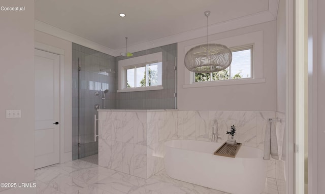 bathroom with ornamental molding, a stall shower, a soaking tub, marble finish floor, and tile walls