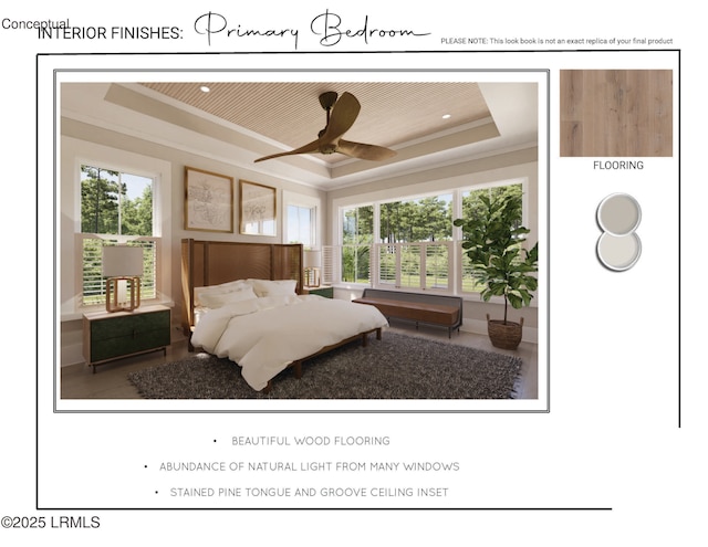 bedroom with recessed lighting, a raised ceiling, and crown molding