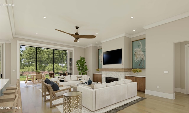 living room with baseboards, light wood-type flooring, and ornamental molding