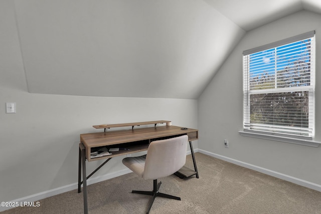 home office with baseboards, carpet floors, and lofted ceiling