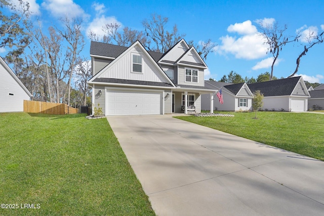 view of front facade featuring a front lawn, a porch, fence, board and batten siding, and concrete driveway