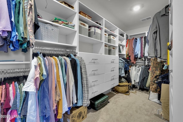 walk in closet with visible vents and carpet floors