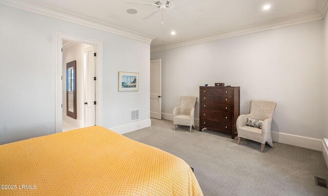 bedroom with crown molding, ceiling fan, and light carpet