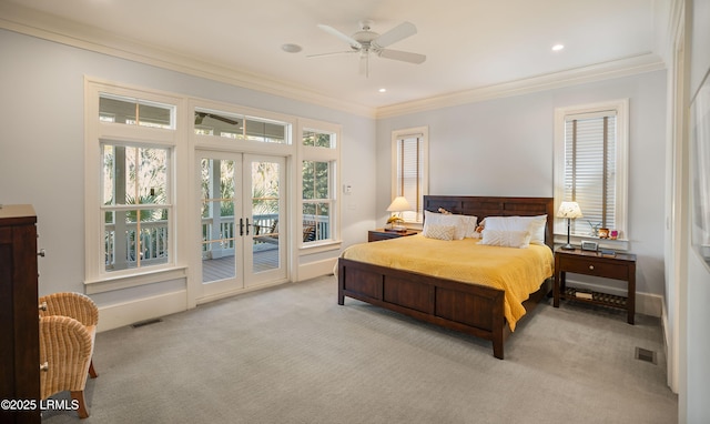 bedroom featuring ceiling fan, access to exterior, ornamental molding, light carpet, and french doors