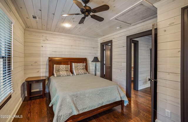 bedroom with ceiling fan, wooden ceiling, dark hardwood / wood-style flooring, and wood walls