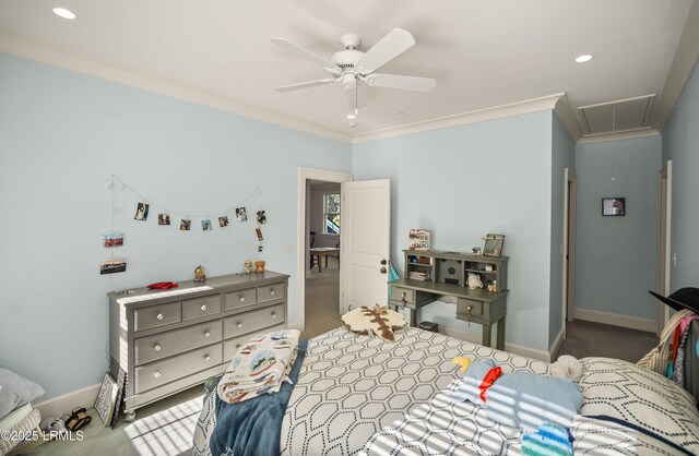 carpeted bedroom with crown molding and ceiling fan