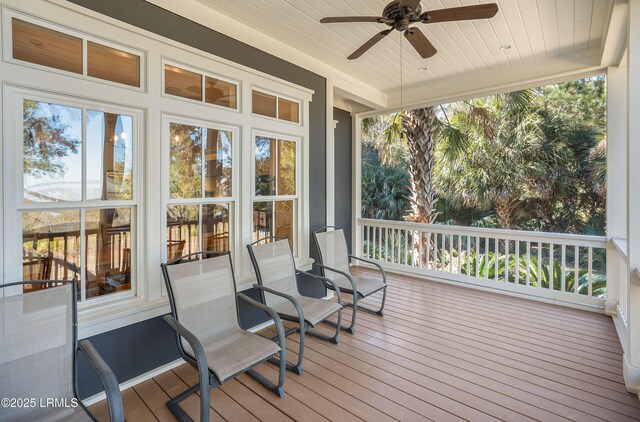 sunroom with wooden ceiling and ceiling fan