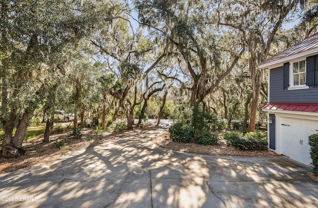 view of patio with a garage