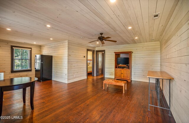 unfurnished living room with wood ceiling, wooden walls, and dark wood-type flooring