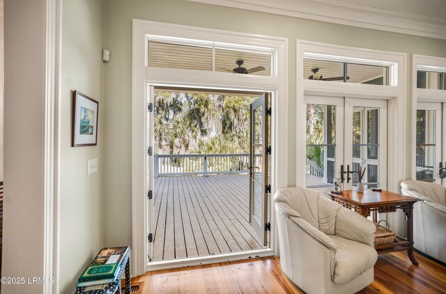 doorway featuring wood-type flooring, ceiling fan, and french doors