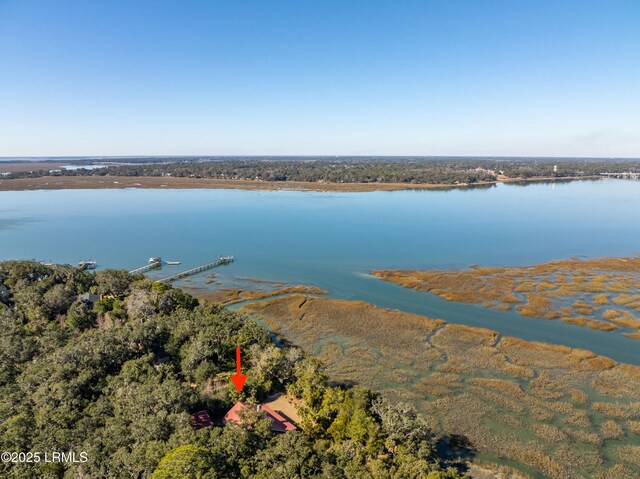 drone / aerial view with a water view