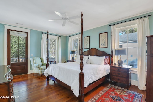 bedroom featuring dark wood-type flooring and ceiling fan