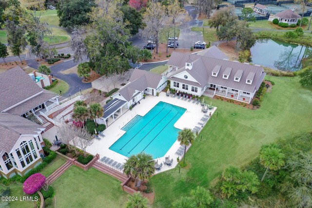 drone / aerial view with a water view