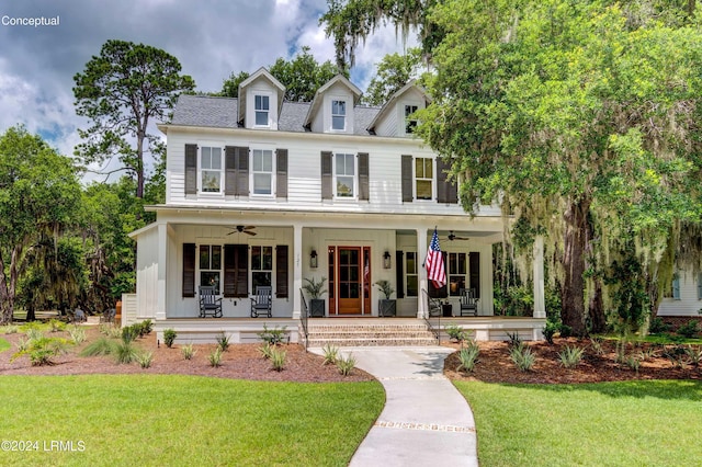 view of front of home featuring a front lawn, ceiling fan, and covered porch