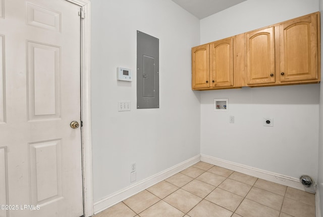 washroom featuring hookup for a washing machine, electric panel, cabinet space, light tile patterned flooring, and electric dryer hookup