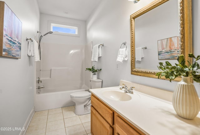 bathroom featuring tile patterned floors, bathing tub / shower combination, toilet, and vanity