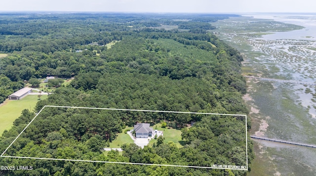 birds eye view of property featuring a view of trees and a water view