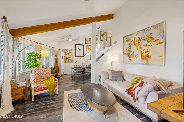 living room featuring ceiling fan, baseboards, dark wood finished floors, lofted ceiling with beams, and stairs