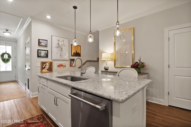 17 Marlowe Way Unit 1, Bluffton, SC 29910 - kitchen with a sink, dishwasher, wood finished floors, ornamental molding, and white cabinets