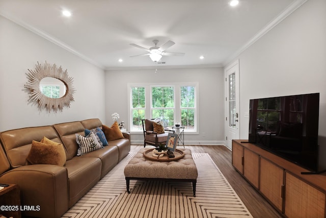17 Marlowe Way Unit 1, Bluffton, SC 29910 - living room with wood finished floors, recessed lighting, ceiling fan, crown molding, and baseboards