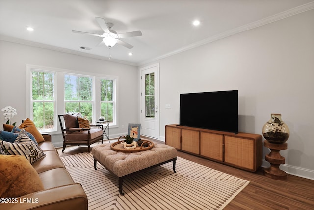 17 Marlowe Way Unit 1, Bluffton, SC 29910 - living room with crown molding, wood finished floors, a ceiling fan, baseboards, and recessed lighting