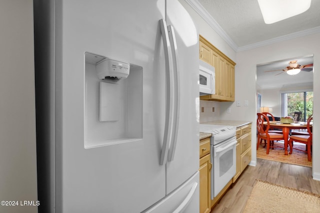 kitchen featuring ceiling fan, light hardwood / wood-style floors, crown molding, light brown cabinets, and white appliances