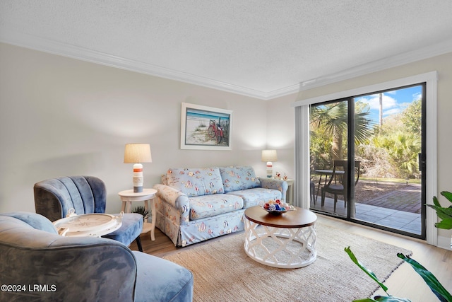 living room with ornamental molding, wood-type flooring, and a textured ceiling