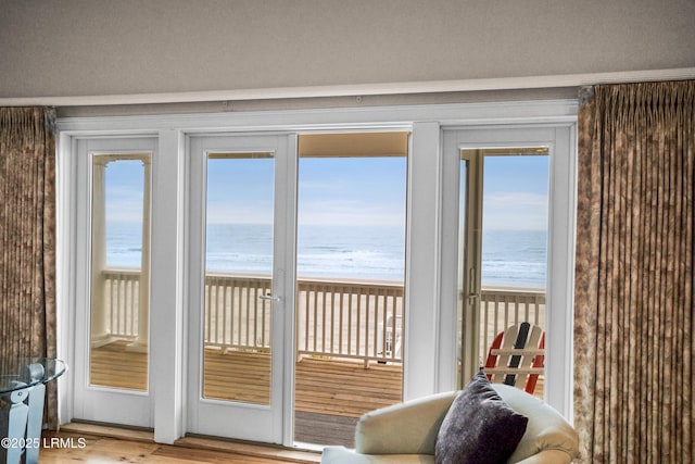 doorway featuring a view of the beach, a water view, and wood finished floors