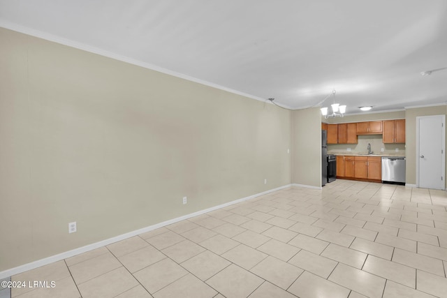 interior space featuring crown molding, light tile patterned flooring, a chandelier, and sink