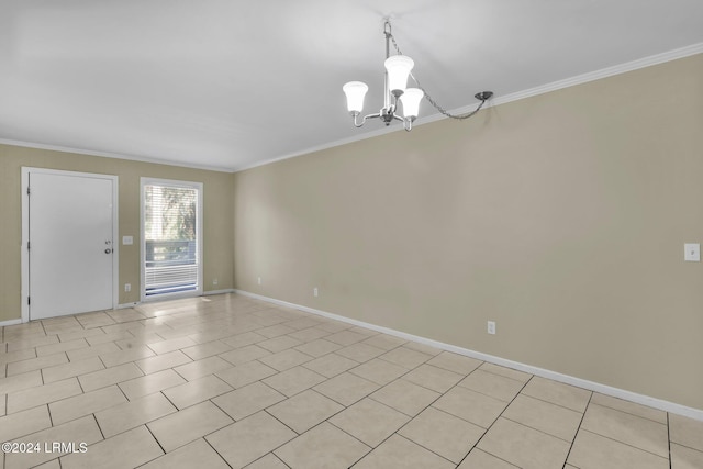 tiled spare room featuring crown molding and an inviting chandelier