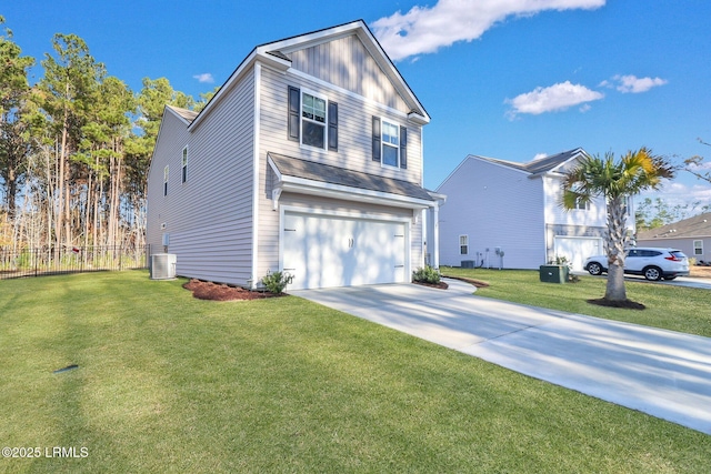 view of front of house featuring driveway, a front yard, a garage, and board and batten siding