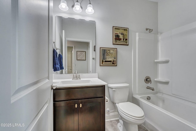 full bath featuring shower / bathing tub combination, baseboards, toilet, and vanity