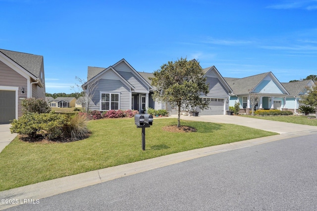 view of front of house featuring concrete driveway, an attached garage, and a front lawn