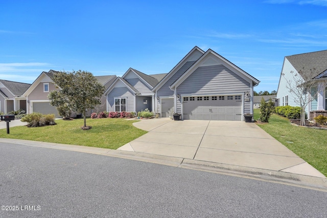 view of front of property with a garage, concrete driveway, and a front lawn