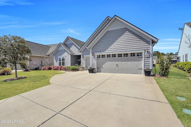 ranch-style house with a front lawn, concrete driveway, and a garage