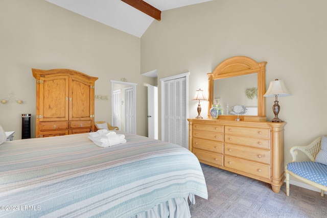 bedroom featuring beamed ceiling, high vaulted ceiling, and light carpet