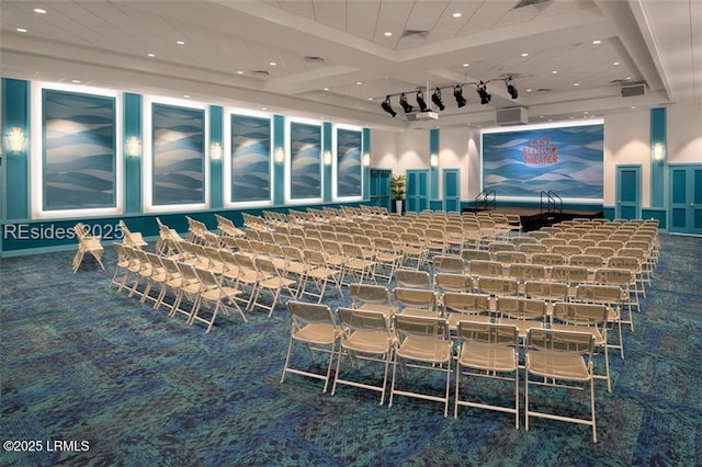 cinema with visible vents, carpet, and recessed lighting