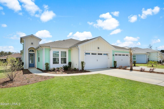 single story home with an attached garage, concrete driveway, a front yard, board and batten siding, and roof with shingles