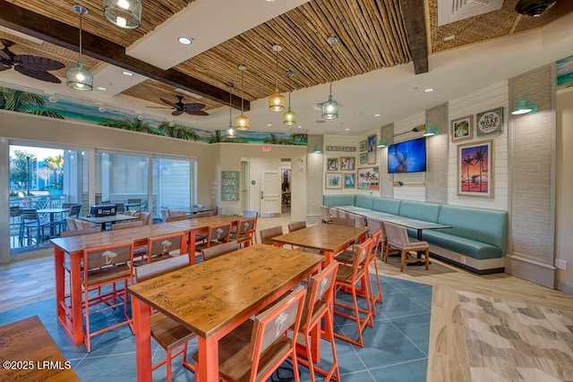 dining space with visible vents, beam ceiling, recessed lighting, and a ceiling fan
