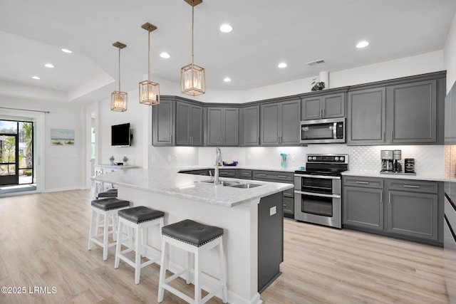 kitchen with stainless steel appliances, a breakfast bar, a sink, visible vents, and light wood-style flooring