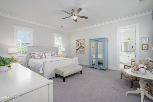 bedroom featuring baseboards, multiple windows, ornamental molding, and light colored carpet