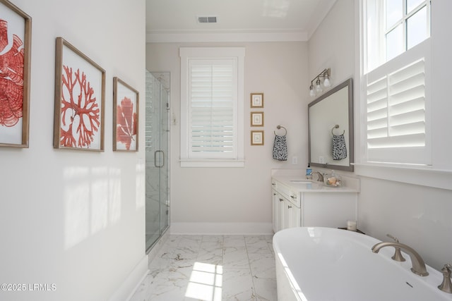 full bathroom featuring a tub to relax in, marble finish floor, vanity, visible vents, and a shower stall