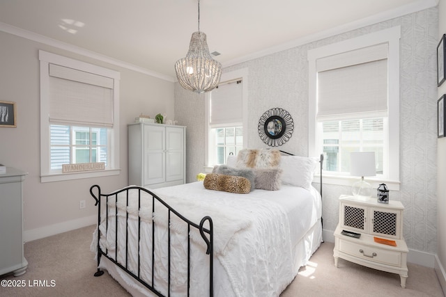 bedroom featuring light colored carpet, crown molding, a chandelier, and multiple windows