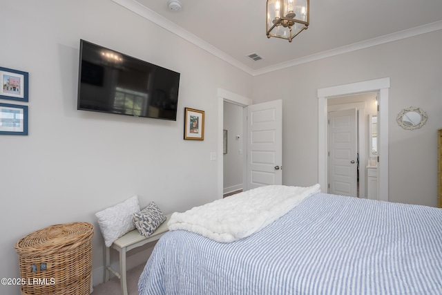 carpeted bedroom featuring an inviting chandelier, crown molding, and visible vents