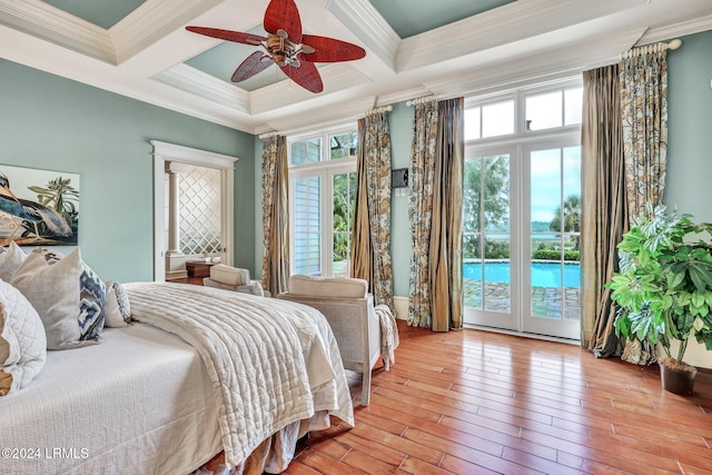 bedroom with coffered ceiling, access to exterior, light hardwood / wood-style floors, and ceiling fan