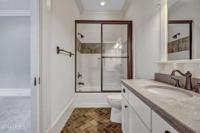 full bathroom featuring bath / shower combo with glass door, ornamental molding, vanity, and toilet