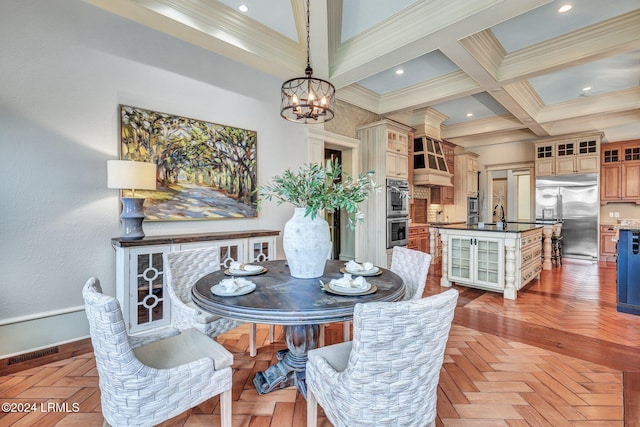 dining area featuring crown molding, light parquet flooring, beam ceiling, coffered ceiling, and a chandelier