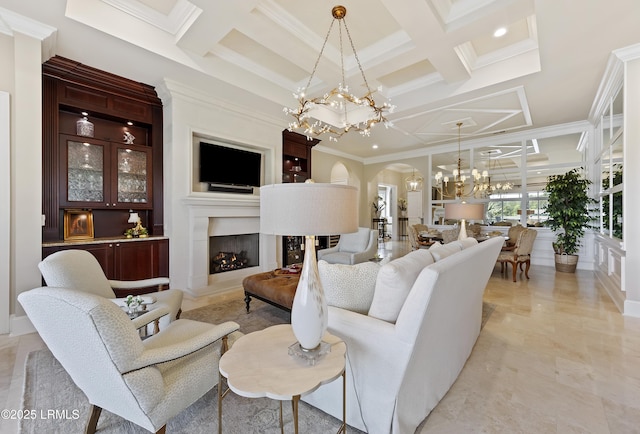 13 Mooring Line Ct Unit 1463, Bluffton, SC 29910 - living room with coffered ceiling, arched walkways, a chandelier, and crown molding